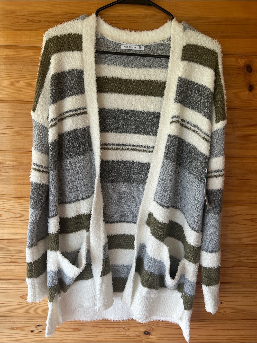 Pink Clover Olive, Gray & White Striped Open-Front Cardigan